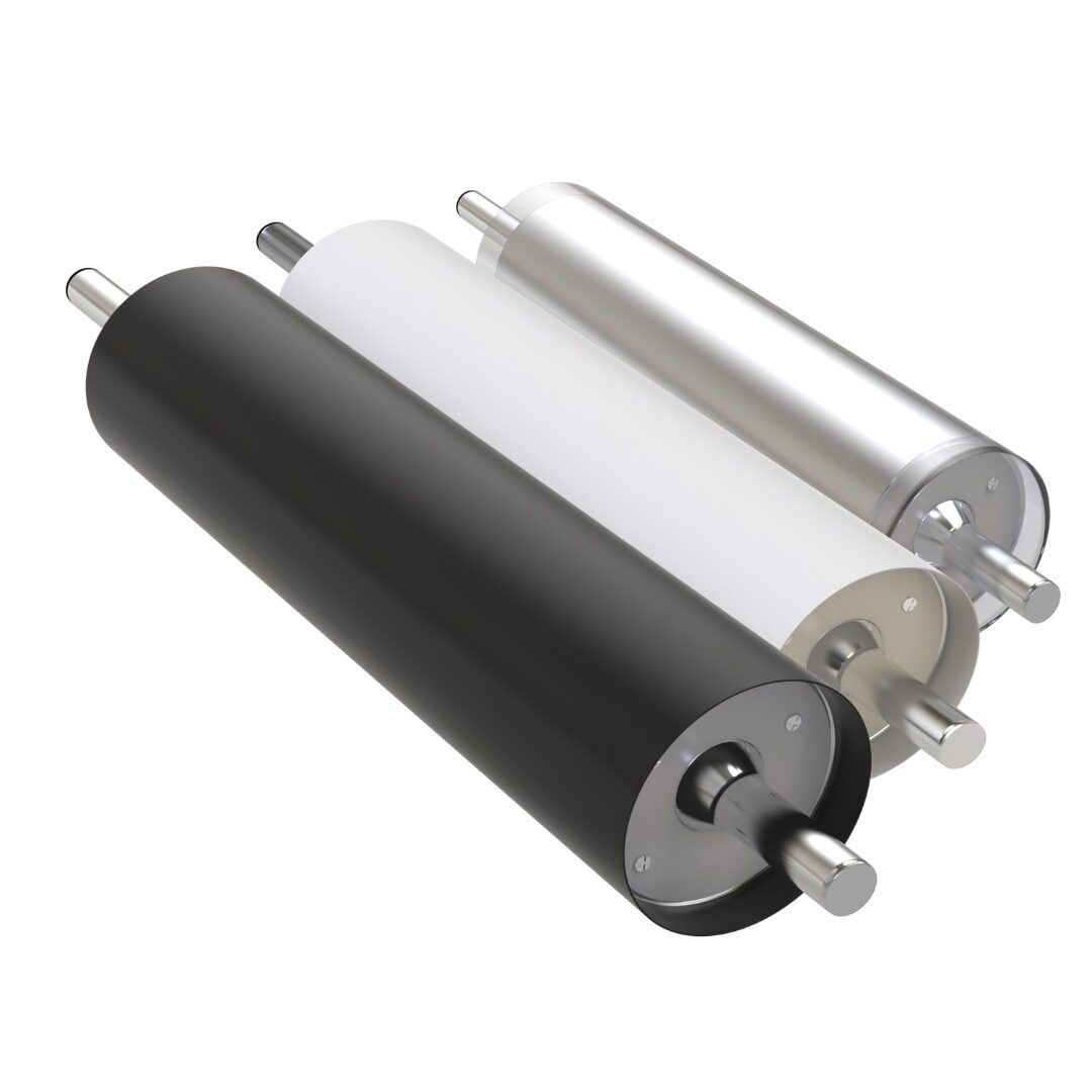 Three Fluoron heat-shrink fluoropolymer roll covers — FEP, PFA, and PTFE sleeves staged side by side.